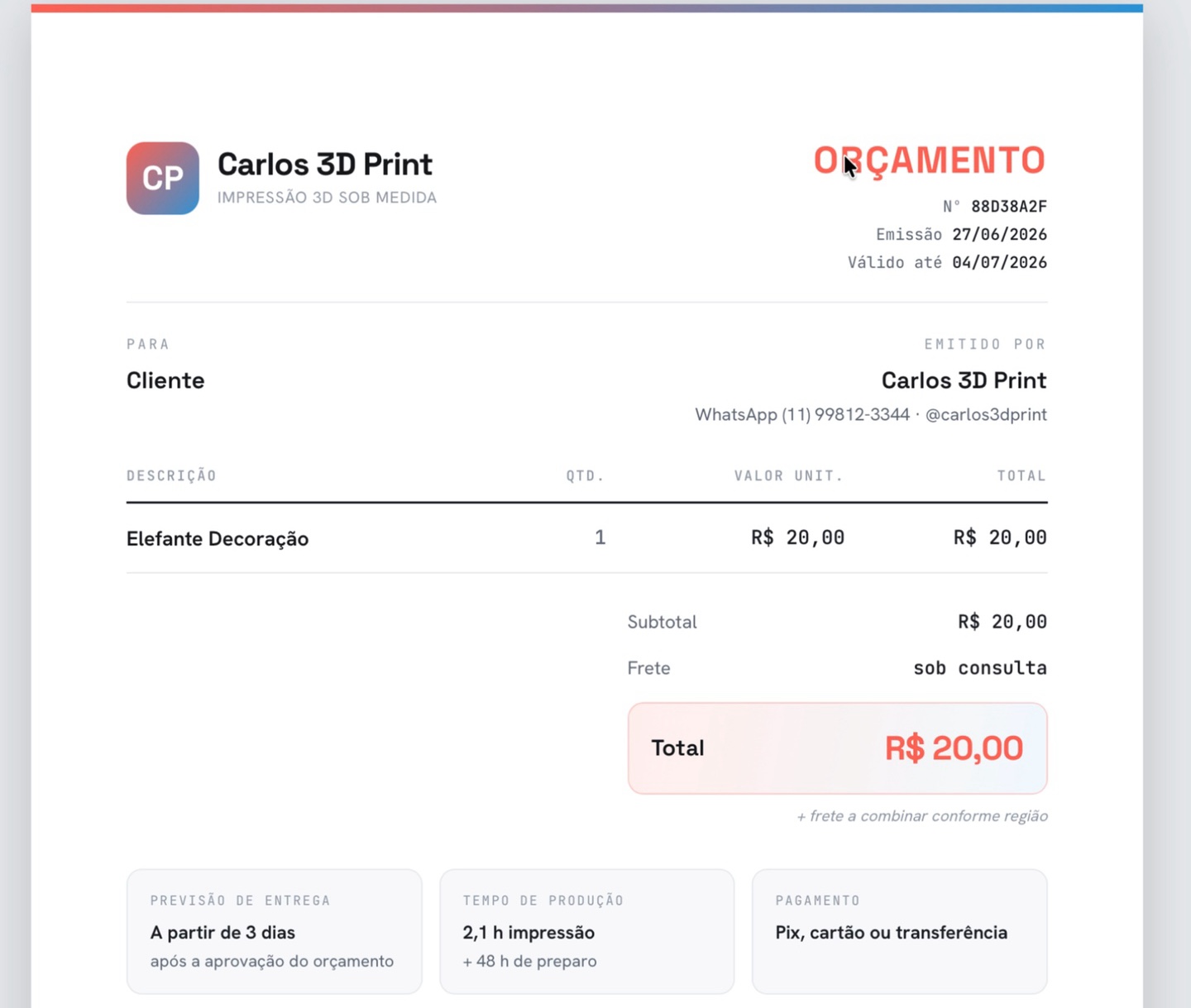 Orçamento em PDF gerado pelo Makers Flow: cabeçalho com a marca, itens, total, validade e cards de prazo, produção e pagamento