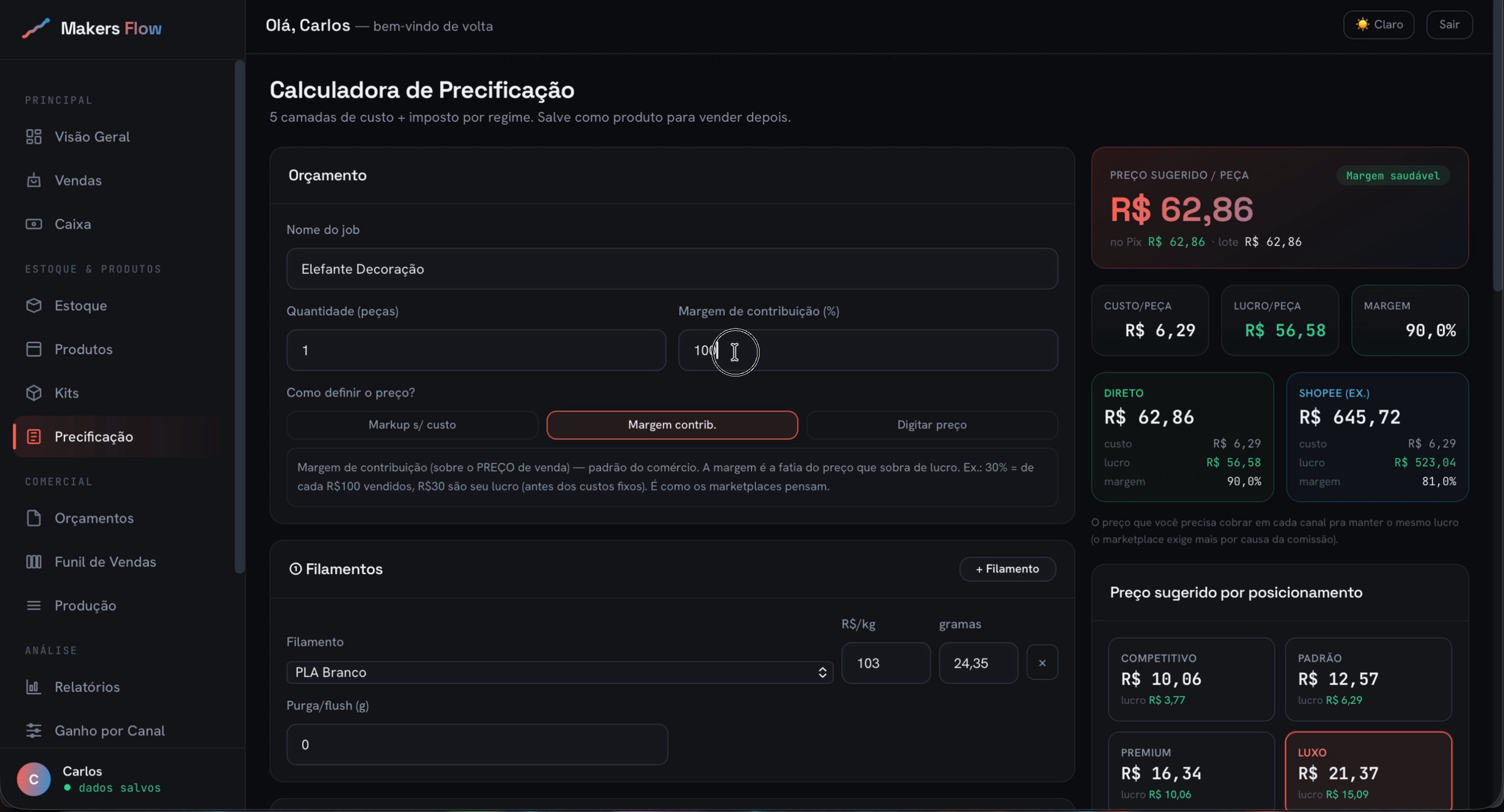 Calculadora de precificação do Makers Flow: preço sugerido por peça com margem saudável, custo, lucro, comparação por canal e preço por posicionamento